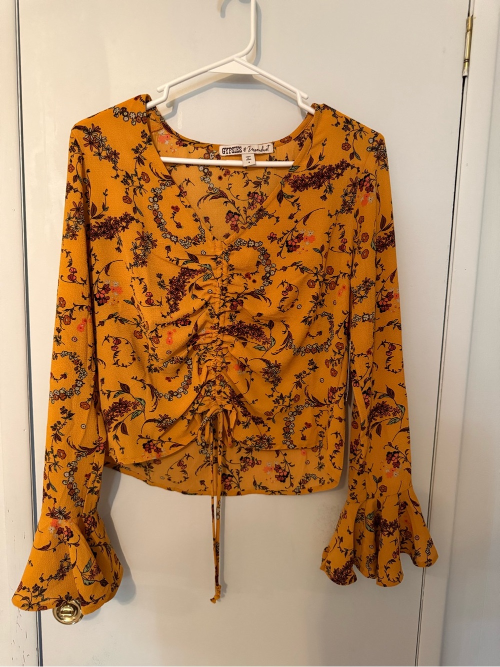Jessica Simpson Mustard Floral Drawstring V-Neck Long Sleeve Top
